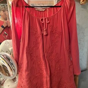 SOFT SURROUNDINGS 3/4 Sleeve Embroidered Peasant Tunic Top Dark Coral Large